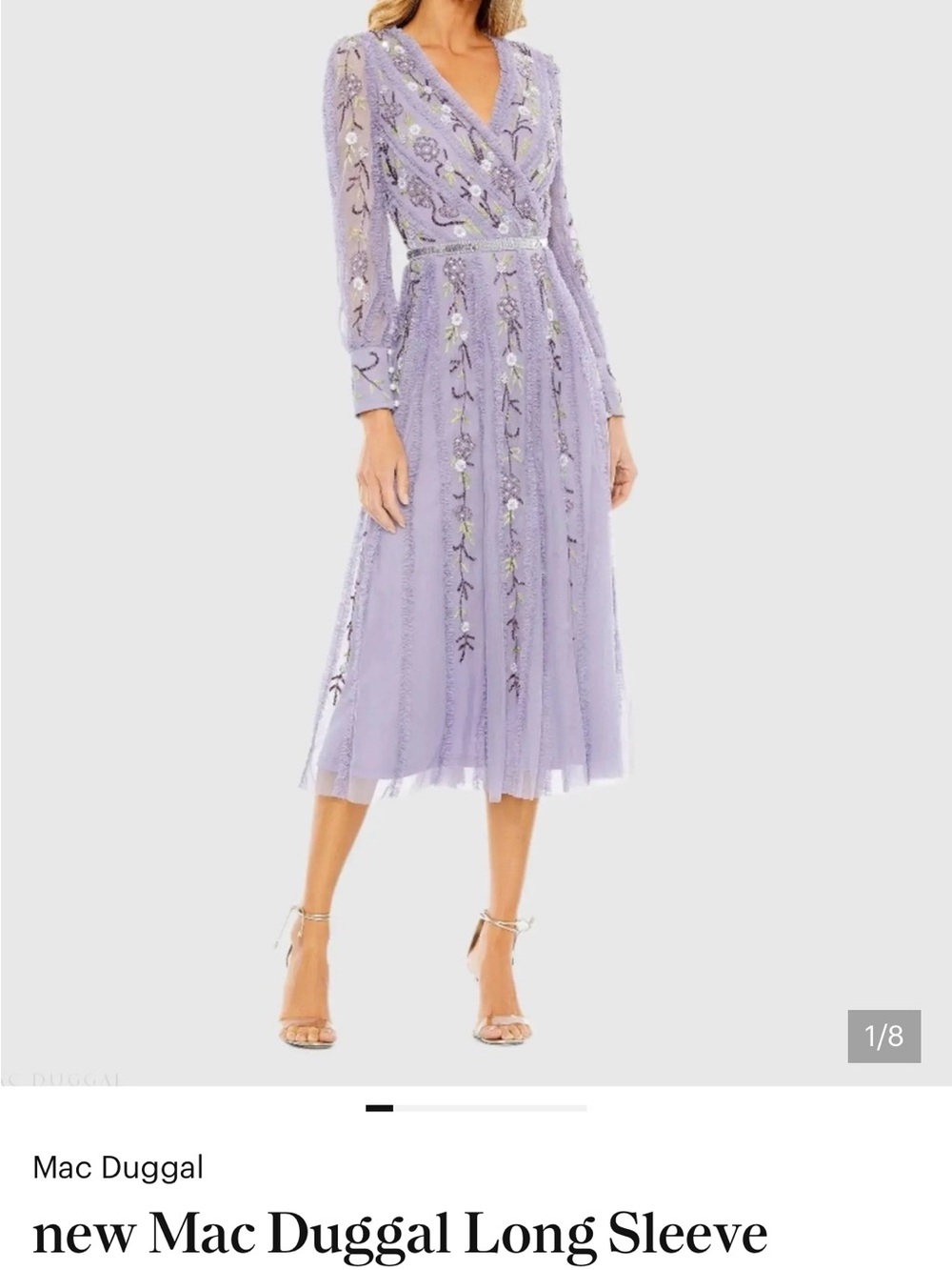 Mac Duggal Lavender Embroidered Long Sleeve Midi Dress